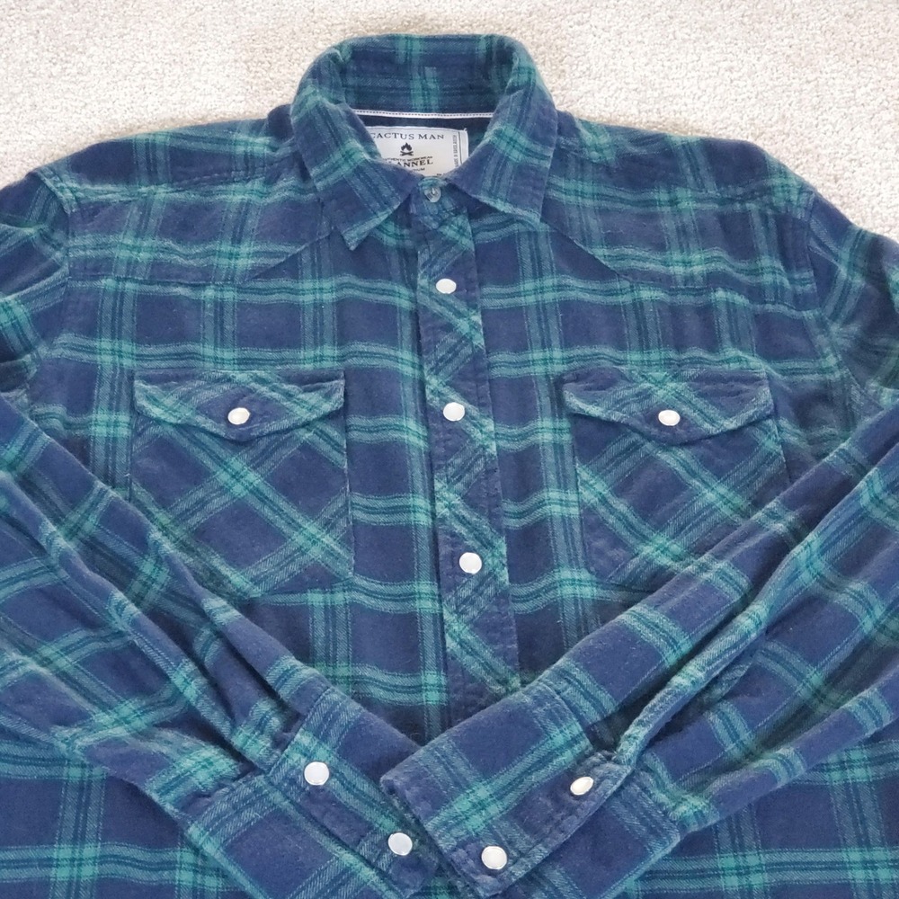 Cactus Man Flannel Shirt Men's Medium Blue Green Plaid Western Snap Button Up